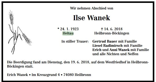 Wanek Ilse 1923-2018 Todesanzeige